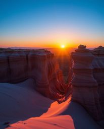 A professional fine art photograph depicts a sunset illuminating sandstone cliffs in a stunning palette of cool blues, greens