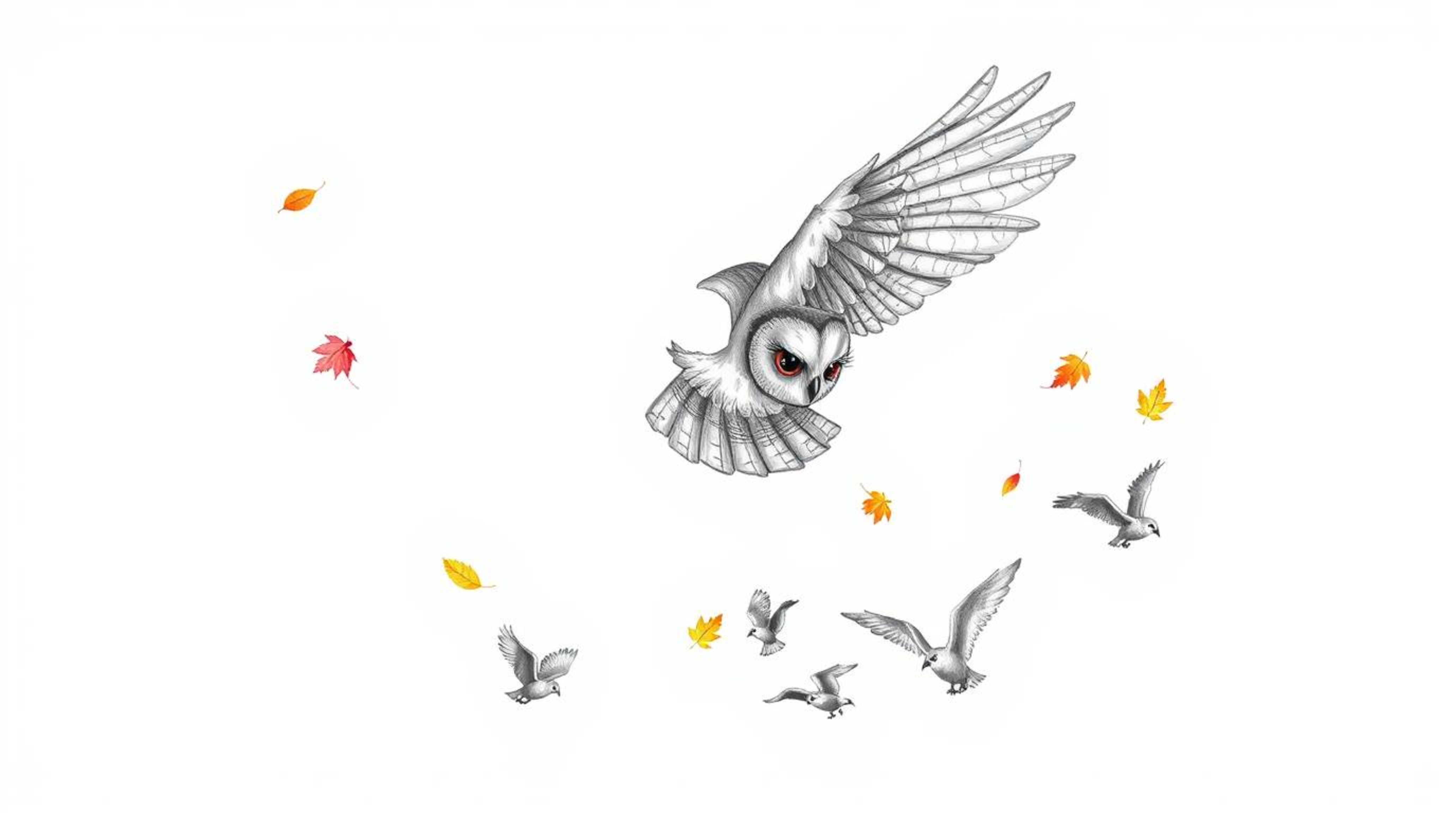 A heartwarming image of a blind owl, rendered in a Pixar-inspired style with hand-drawn pencil strokes, gently spiraling down