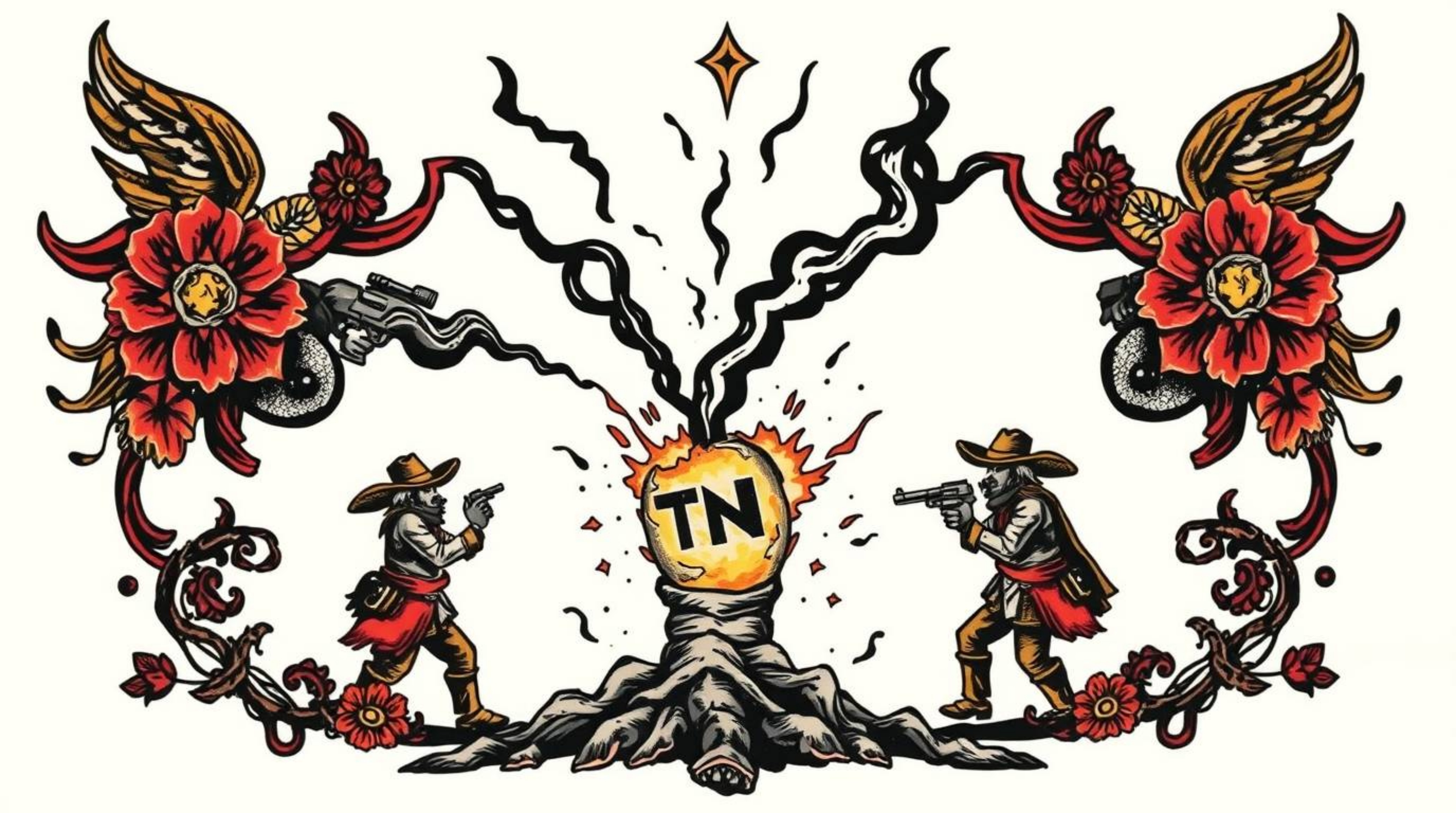 This symbolic traditional tattoo art print showcases a classic exploding TNT gag set in the wild west. Featuring intense jet 