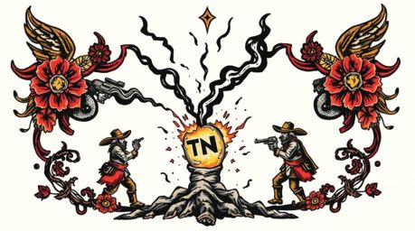 This symbolic traditional tattoo art print showcases a classic exploding TNT gag set in the wild west. Featuring intense jet 