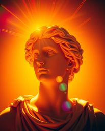 A classical sculpture is reimagined with a vibrant glitch effect, bathed in a warm, golden light. The sharp focus on the subj