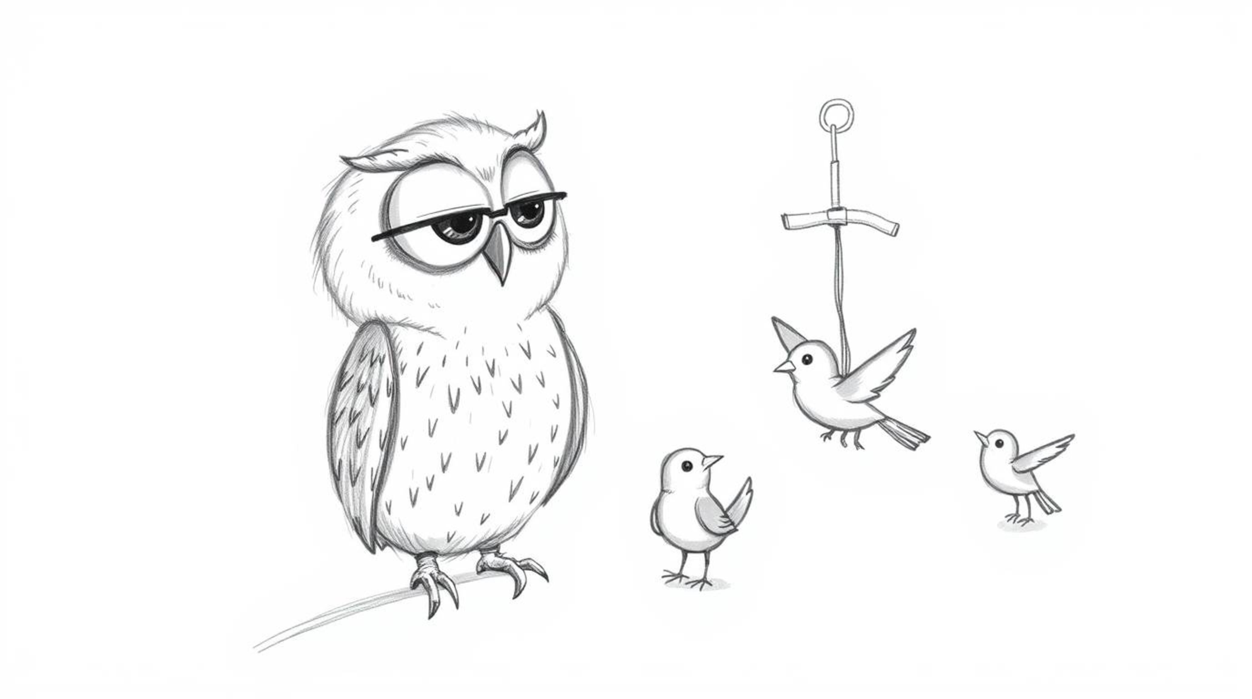 A heartwarming, hand-drawn Pixar-style sketch depicting a gentle, blind owl instructing small birds on the art of flight.  Ut