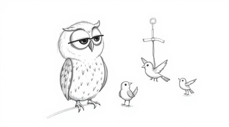 A heartwarming, hand-drawn Pixar-style sketch depicting a gentle, blind owl instructing small birds on the art of flight.  Ut