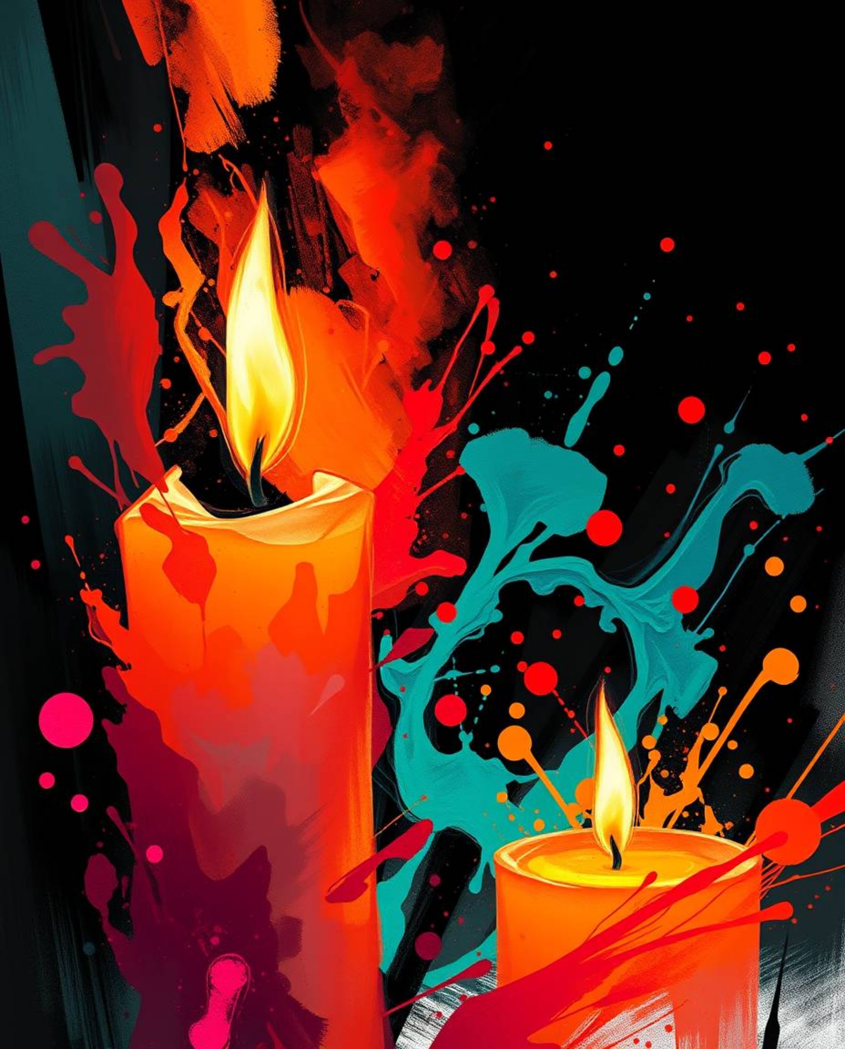 Explore a dynamic digital sketch featuring warm candlelight contrasted with intense jet black splashes on a black background,