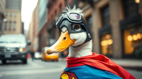 A candid, tight close-up street photography shot capturing a duck in a zany superhero costume. The detailed focus is on the d