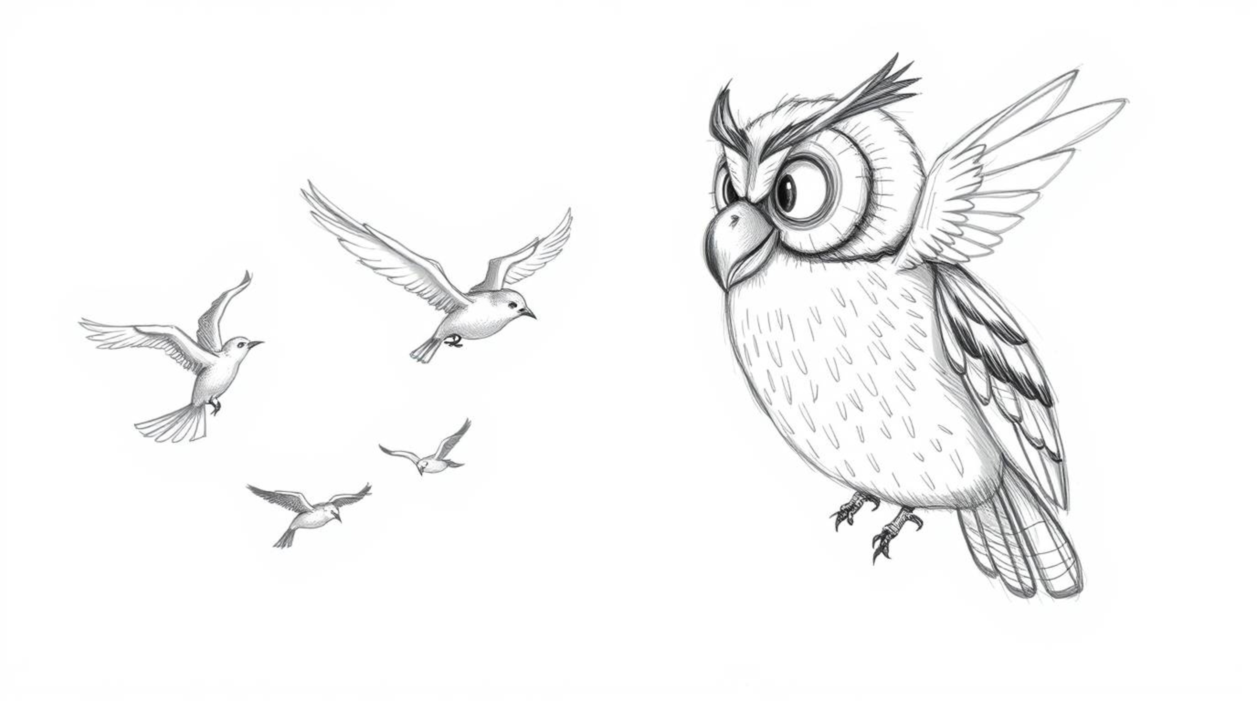 A heartwarming Pixar-style hand-drawn sketch depicts a blind owl, rendered with textured pencil strokes, guiding several bird