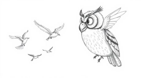 A heartwarming Pixar-style hand-drawn sketch depicts a blind owl, rendered with textured pencil strokes, guiding several bird