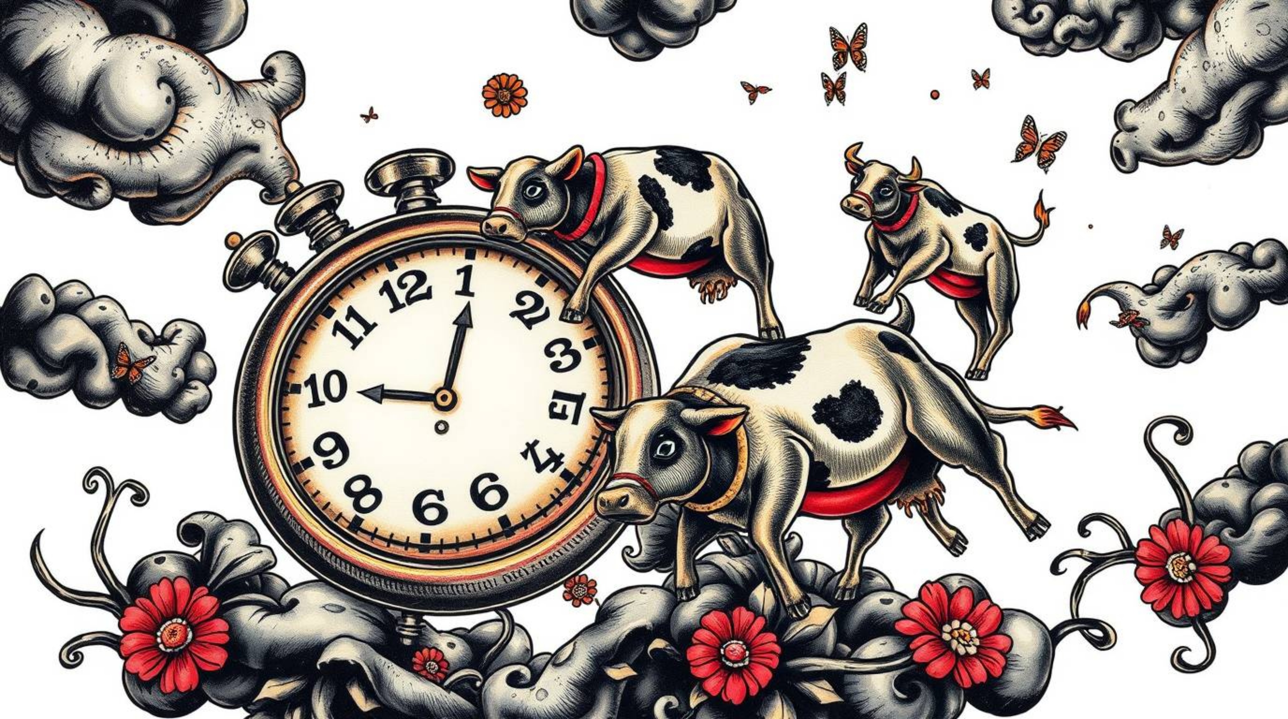 A stunning traditional tattoo art print depicting a surreal dreamscape.  Intense jet black ink, deep shadows, and vibrant col