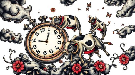 A stunning traditional tattoo art print depicting a surreal dreamscape.  Intense jet black ink, deep shadows, and vibrant col