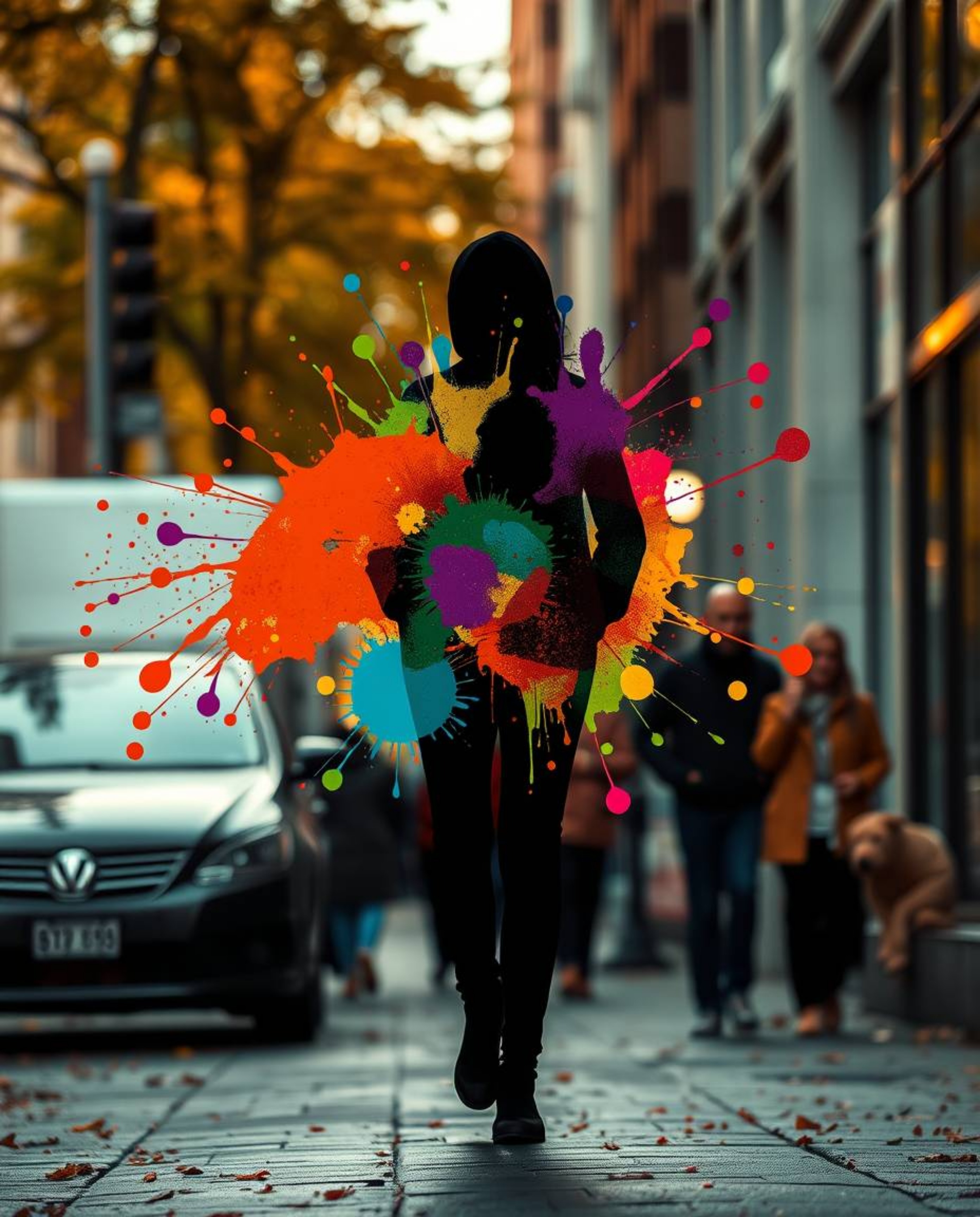 Candid street photography captures a striking human silhouette formed by vibrant splash patterns, reminiscent of modern art. 