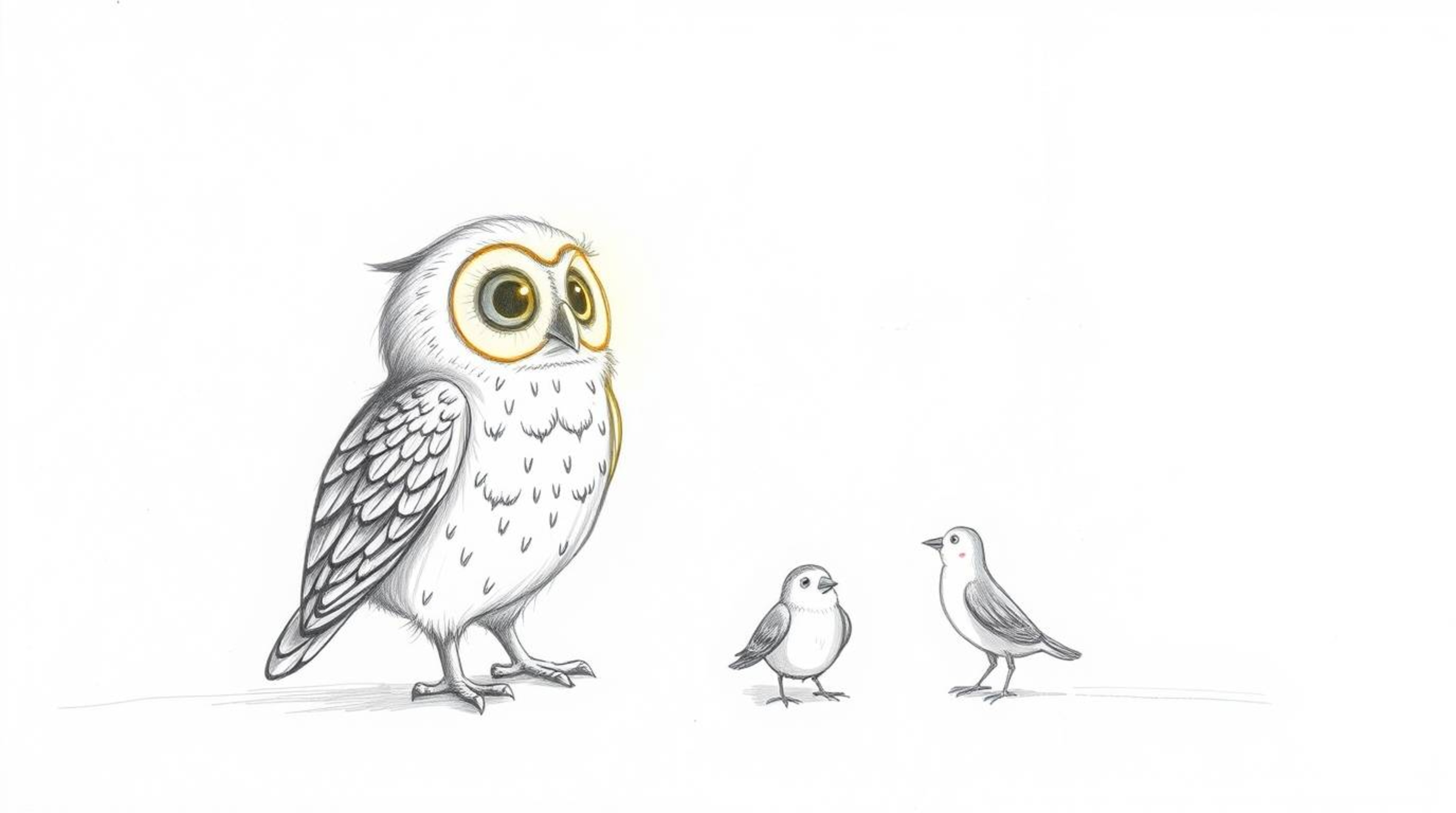 A heartwarming, hand-drawn pencil sketch in the style of Pixar, depicting a blind owl with radiant, sunlit feathers. The owl 