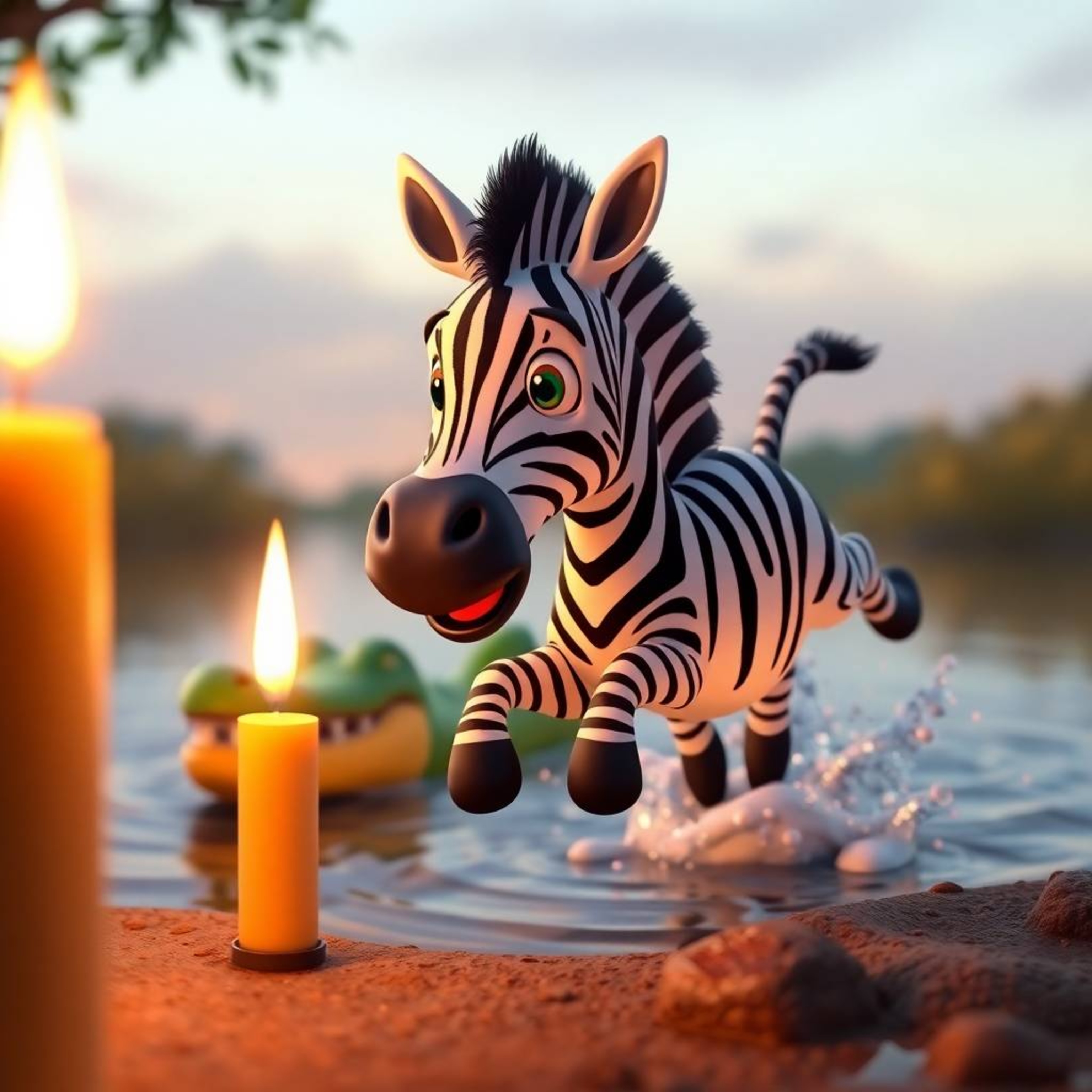 Experience the warmth of candlelight as it illuminates an adorable 3D cartoon zebra's frantic leap from the riverbank, startl