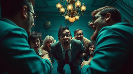 A hilarious high-angle perspective captures a gross-out comedy scene filled with characters showcasing wildly exaggerated exp