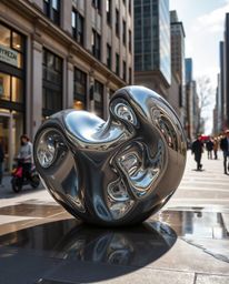 Candid street photography showcasing spontaneous moments featuring reflective mercury sculptures with dynamic 3D fluid shapes