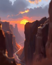 A dynamic digital sketch depicts a sunset illuminating sandstone cliffs in a canyon, creating an epic fantasy scene. The artw