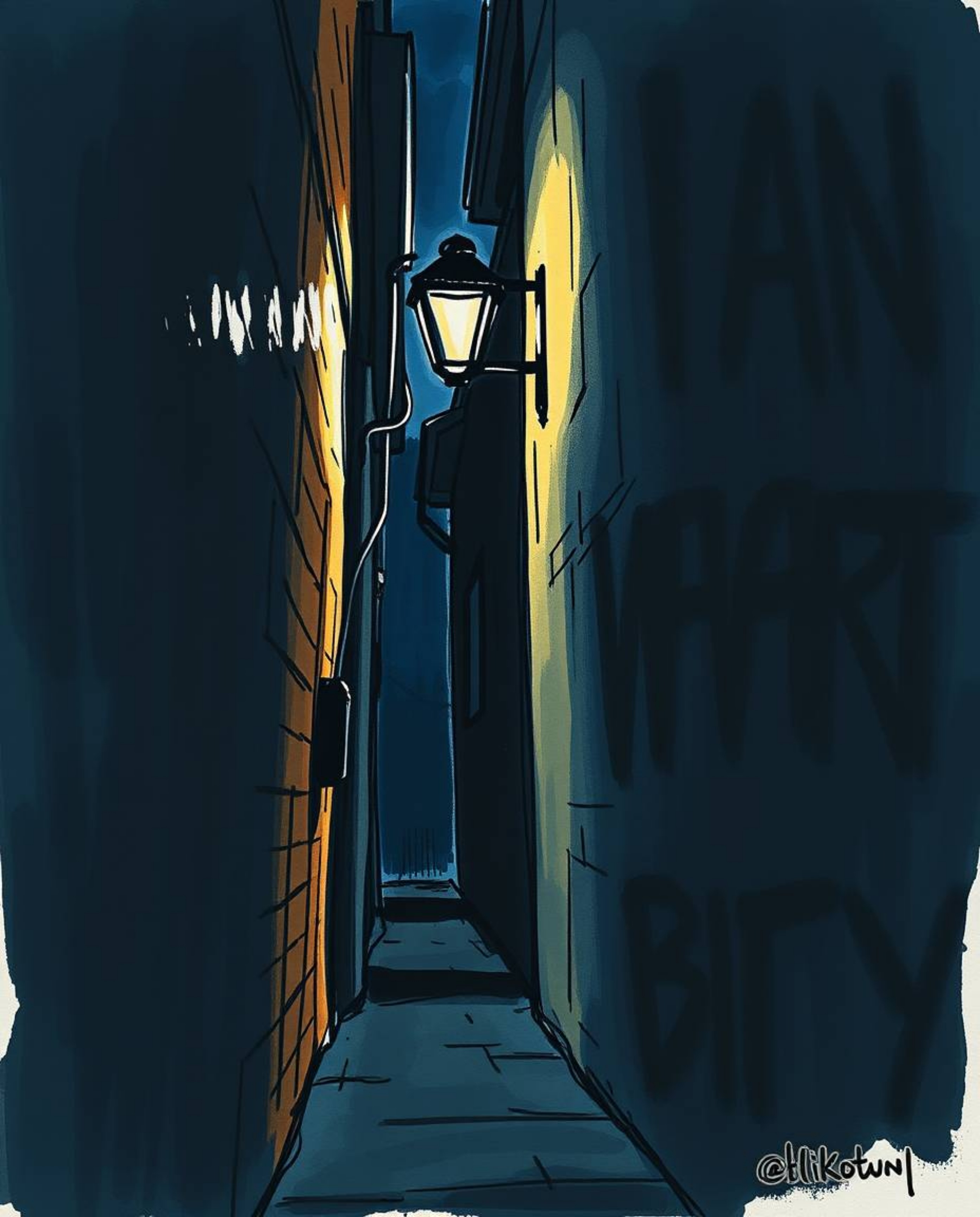 A strong, moody hand-drawn sketch in color sketchnote style depicting eyes watching from the shadows of an alley at night. Th
