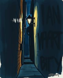 A strong, moody hand-drawn sketch in color sketchnote style depicting eyes watching from the shadows of an alley at night. Th