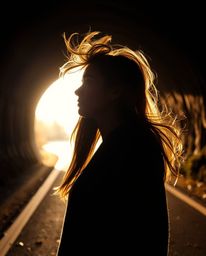 A figure stands silhouetted at a tunnel's edge, bathed in the warm, bright light beyond. Sun-kissed skin and windblown hair s