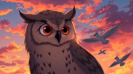 An isekai-inspired illustration depicts a wise, blind owl with large, expressive eyes and muted plumage, gently whispering wo