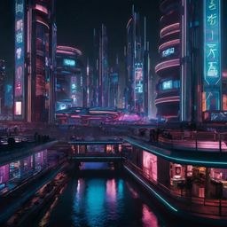 Immerse yourself in a vibrant, futuristic city illuminated by neon lights. This captivating nightscape features innovative fl