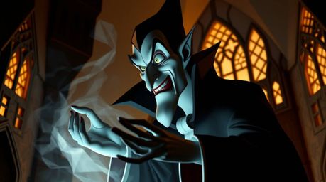 Witness a classic Disney villain with sharp features and pale skin casting a powerful spell within an intricately folded, ori