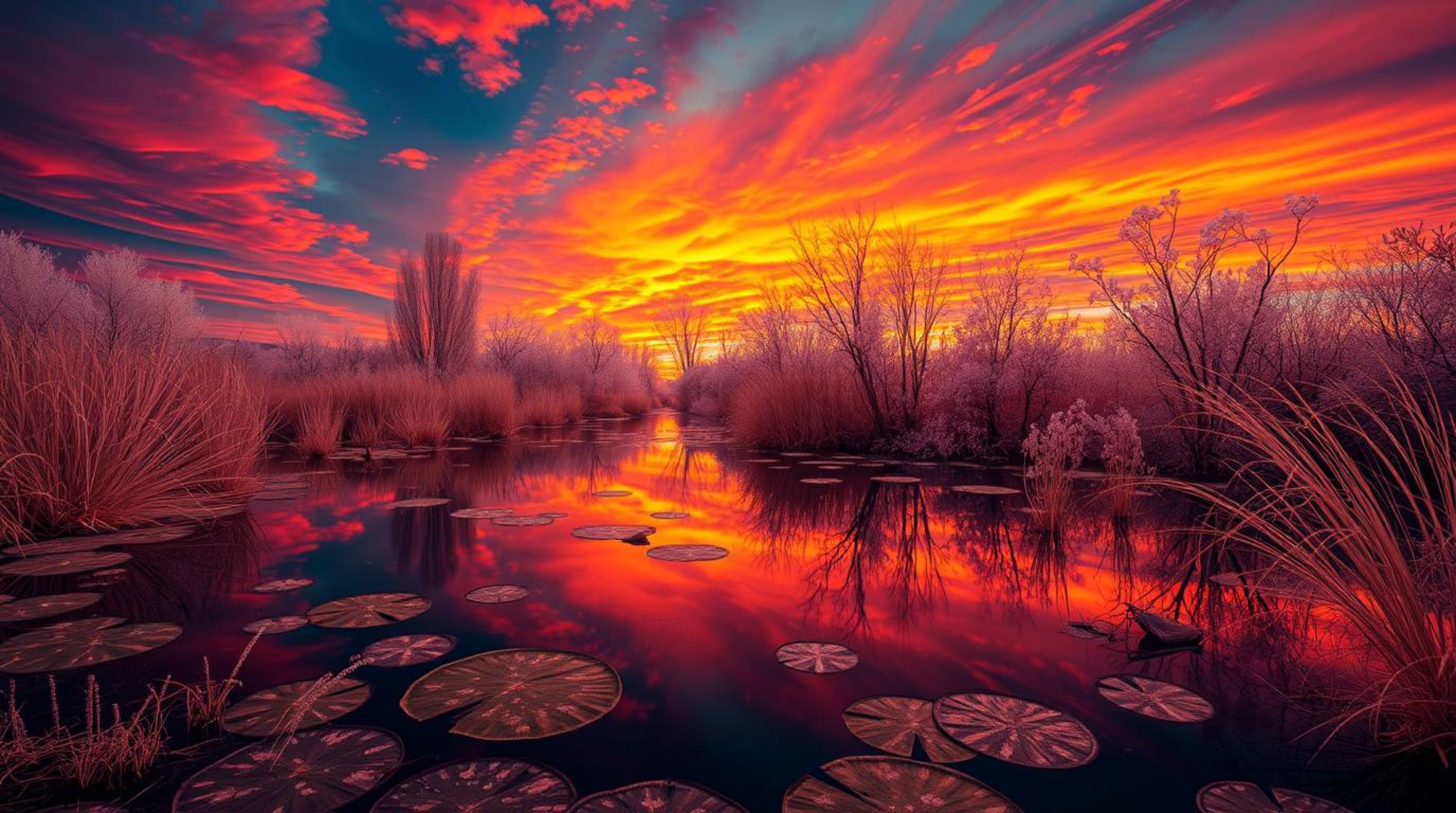 Experience a mesmerizing journey into surreal creative light art. This captivating image features a tranquil pond reflecting 