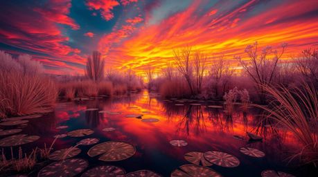 Experience a mesmerizing journey into surreal creative light art. This captivating image features a tranquil pond reflecting 