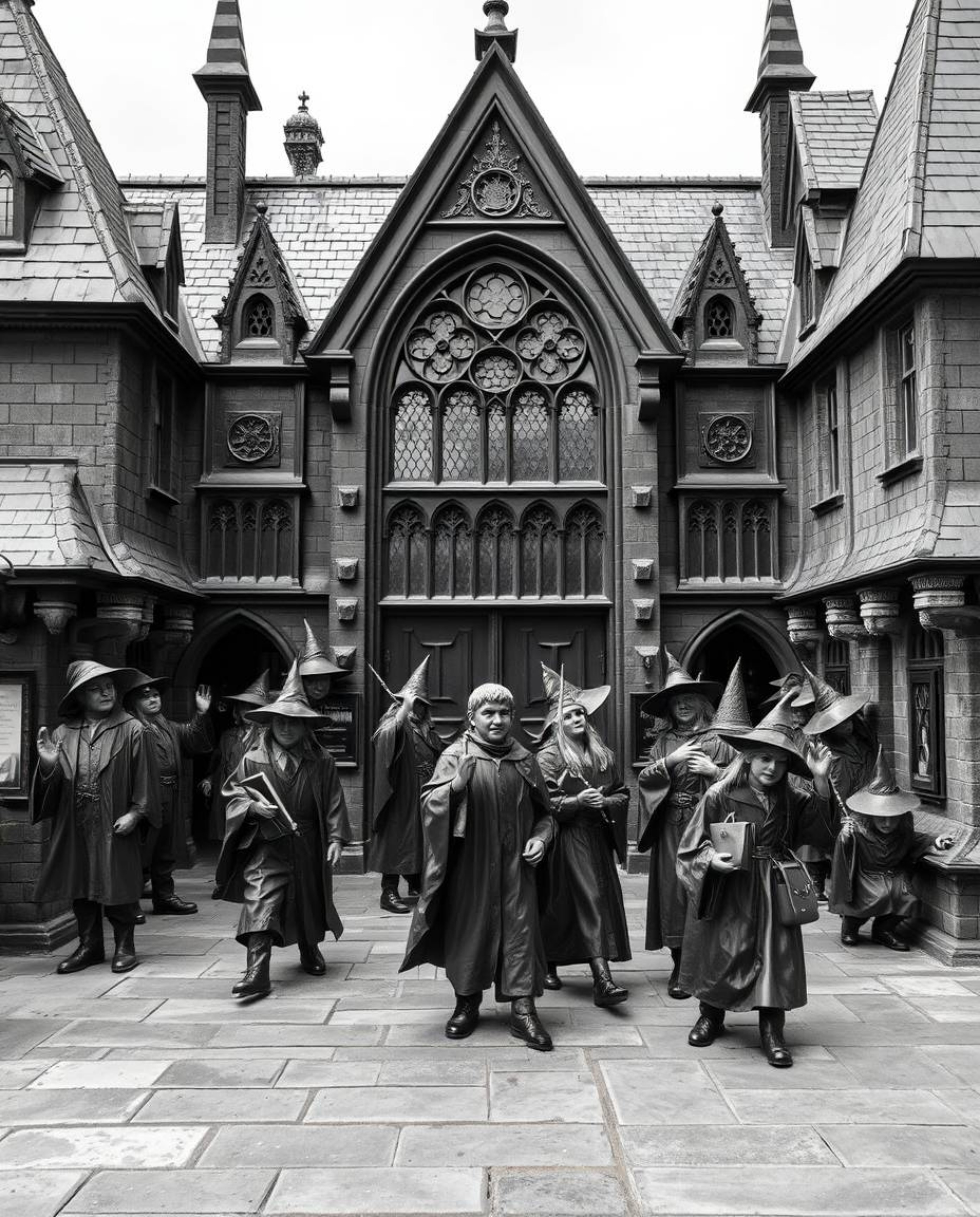 This classic black and white image depicts a magical school bustling with young wizards, rendered in cast bronze with an anti