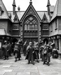 This classic black and white image depicts a magical school bustling with young wizards, rendered in cast bronze with an anti