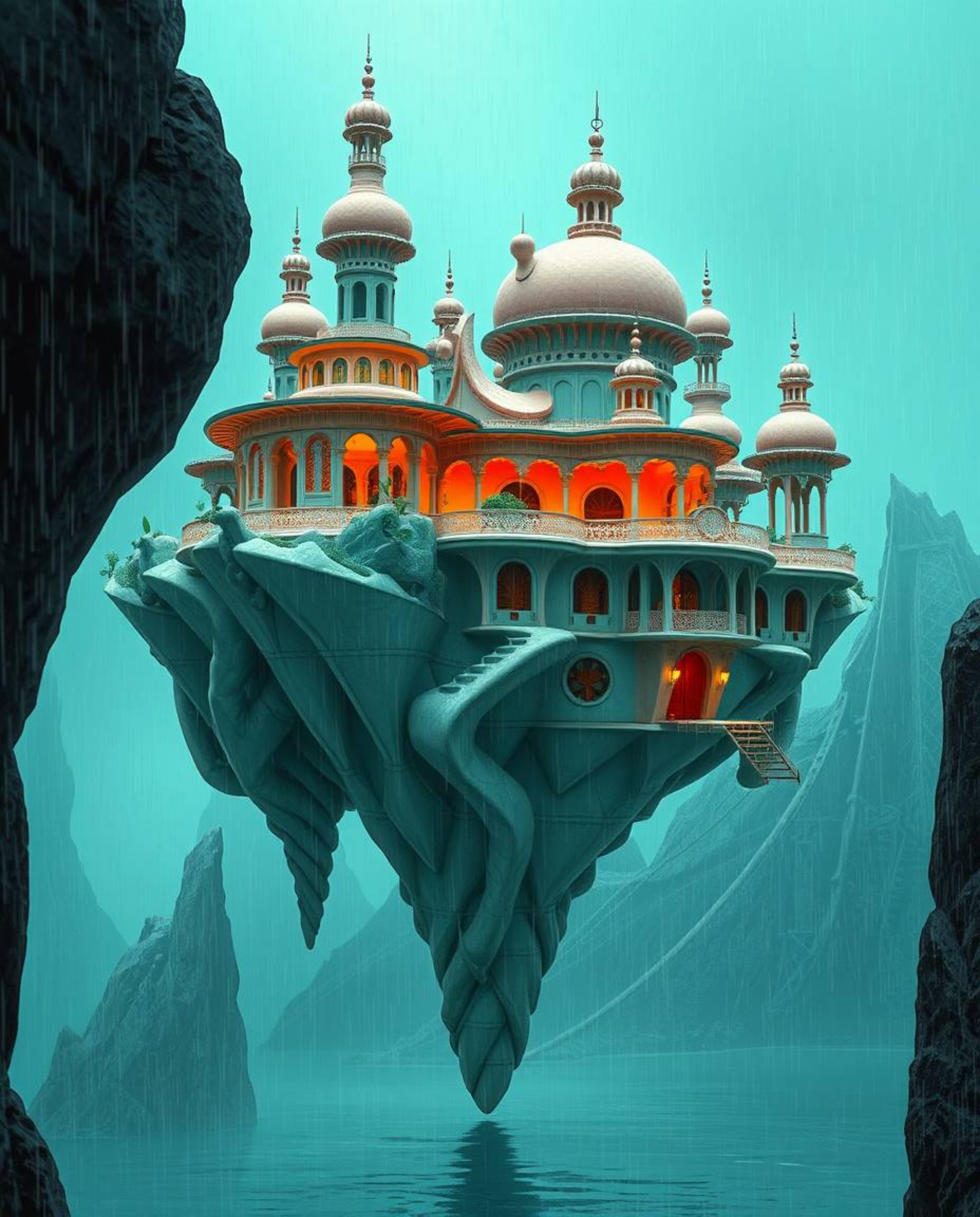 Explore a surreal floating island boasting strange yet luxurious architecture, characterized by refined details and a vibrant