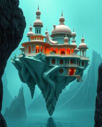 Explore a surreal floating island boasting strange yet luxurious architecture, characterized by refined details and a vibrant