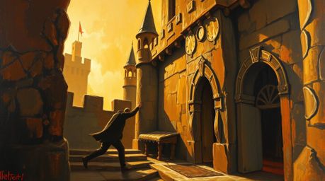 A classic oil painting depicts a daring thief attempting a heist within a heavily guarded castle. The artwork features a warm