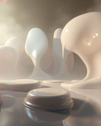 Explore a surreal sci-fi environment filled with mesmerizing 3D fluid shapes reminiscent of melted glass. This hyperrealistic