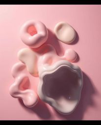 Overhead bird's-eye view photograph of abstract liquid forms in 3D, showcasing pastel colors, soft lighting, a minimal backgr