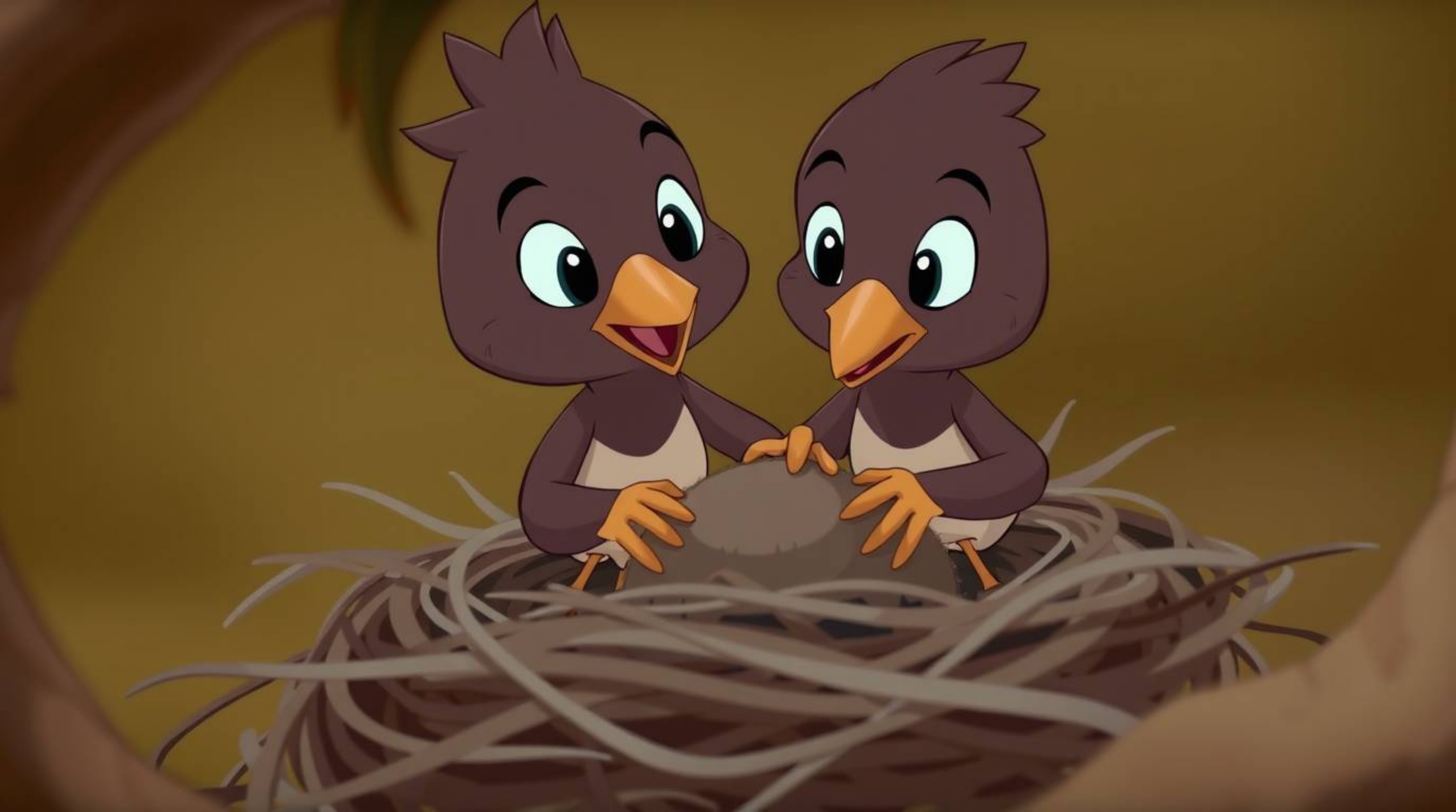 A charming close-up animation depicts two cartoon birds meticulously constructing their nest. Rendered in classic animation