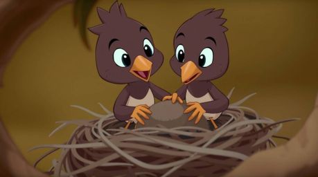 A charming close-up animation depicts two cartoon birds meticulously constructing their nest. Rendered in classic animation