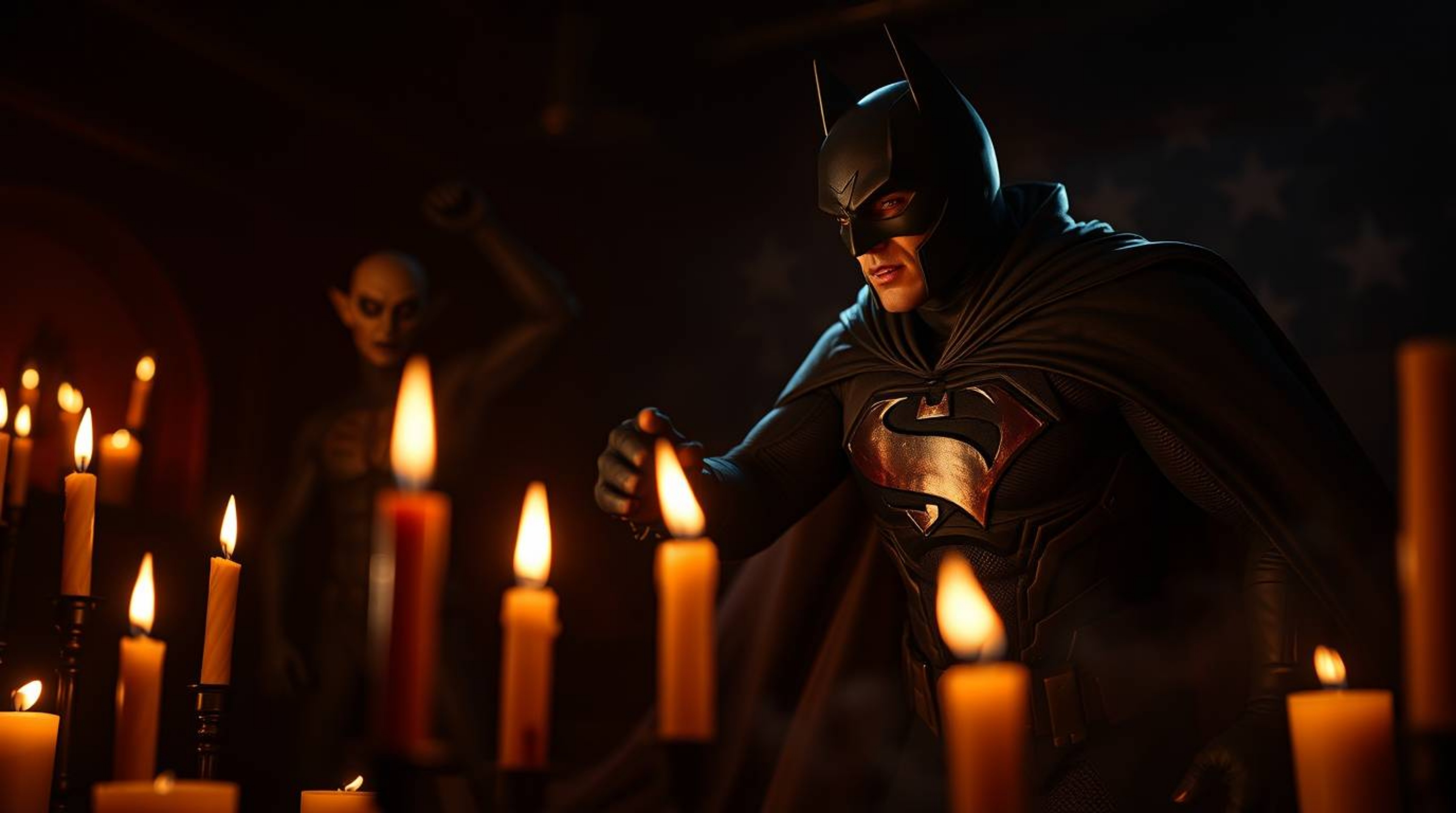 A captivating scene unfolds: a shadowy superhero, cloaked in darkness, battles a comically silly villain amidst flickering ca