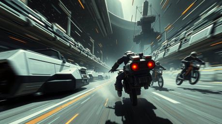 Experience a thrilling chase scene rendered in a futuristic sci-fi style, featuring exaggerated squash and stretch animation 