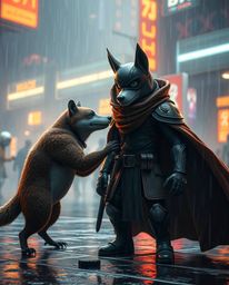 An epic scene unfolds: a talking animal sidekick bravely assists a hero in a futuristic, rain-soaked city.  The image boasts 