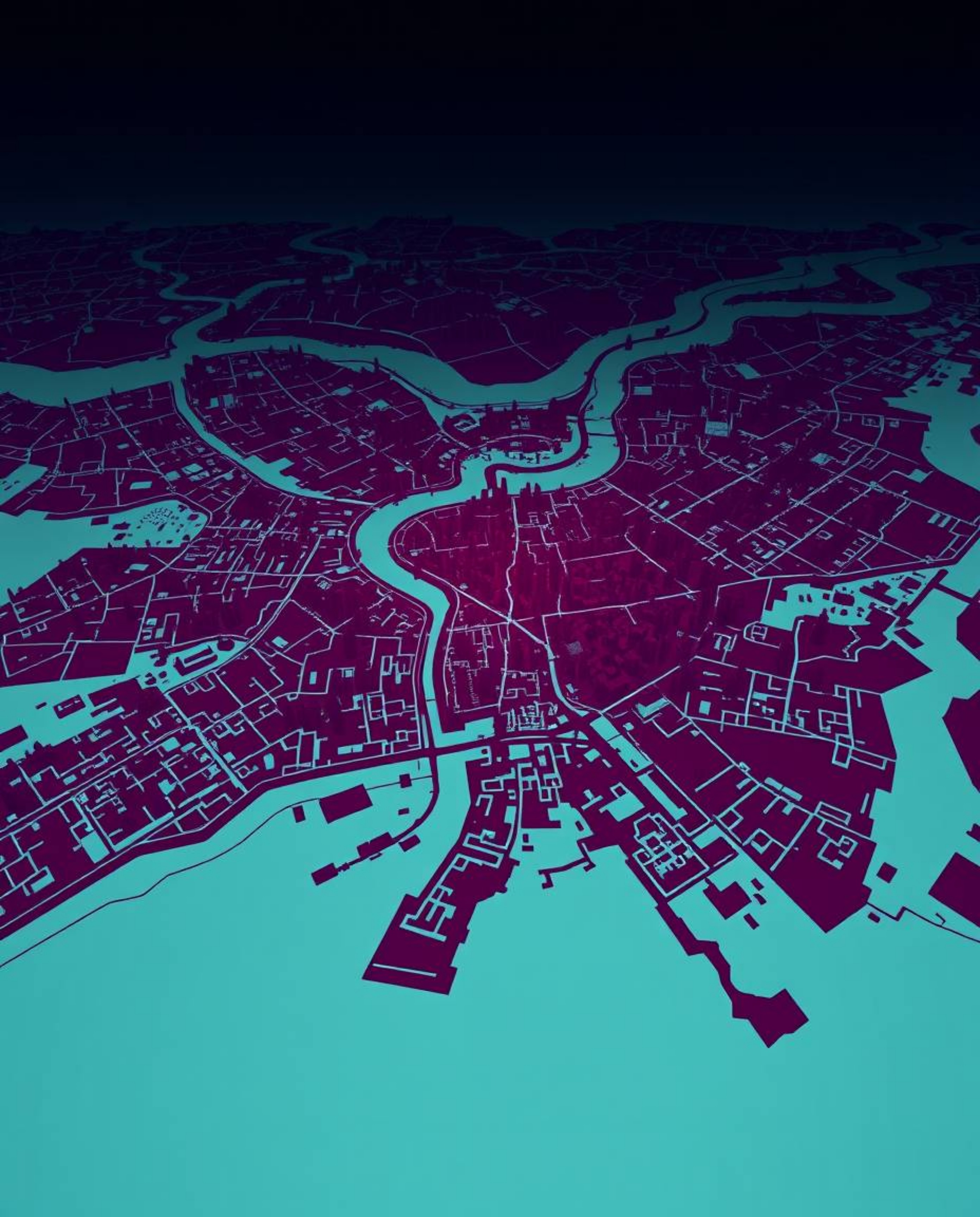 Discover a stunning abstract city map rendered in a dramatic, cinematic style.  This artwork features rich burgundy and deep 