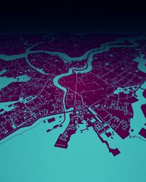 Discover a stunning abstract city map rendered in a dramatic, cinematic style.  This artwork features rich burgundy and deep 