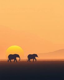 Modern flat design, soft cinematic haze, elephants walking across a sunset field, simple shapes, soft focus, hazy background.