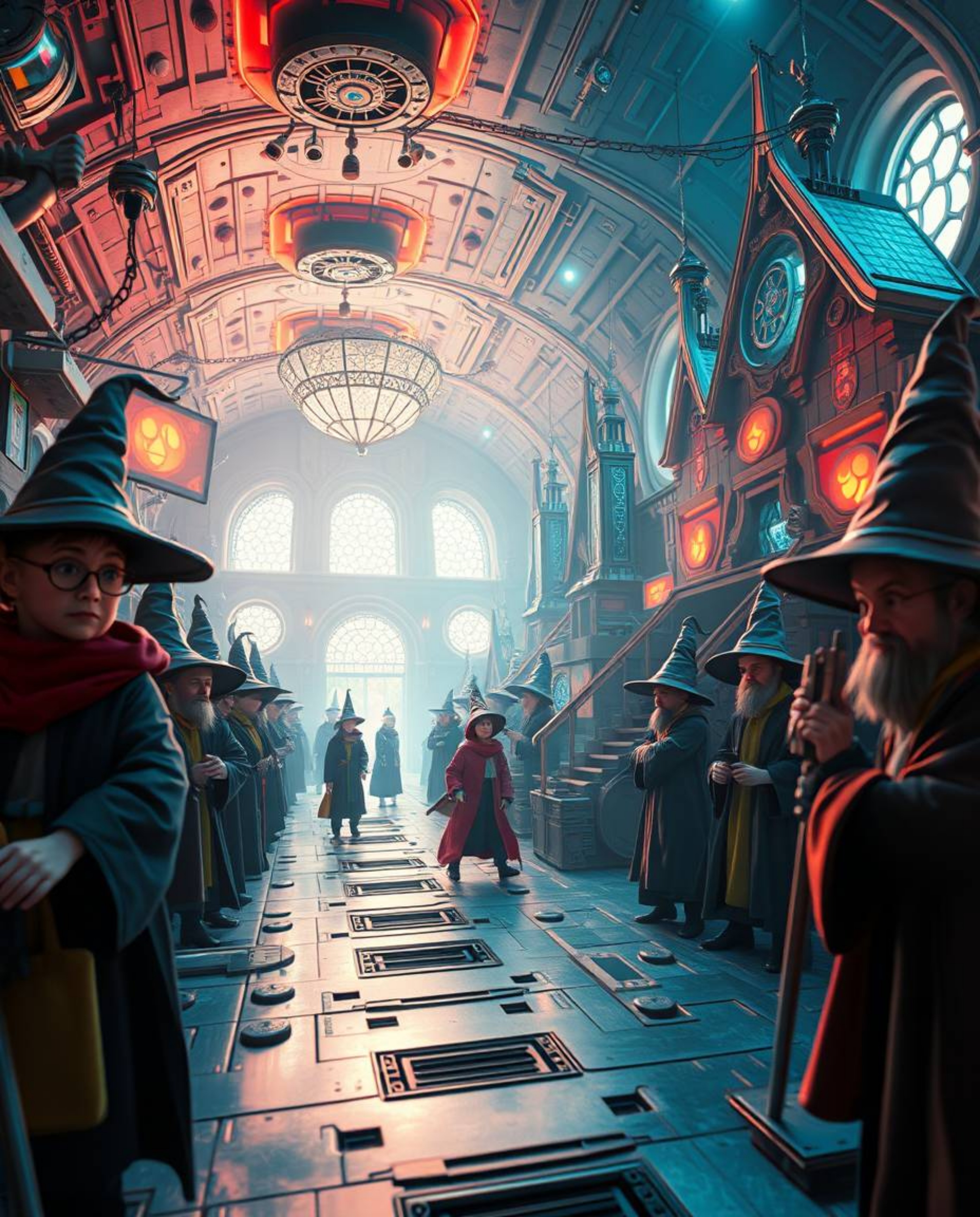 Explore a breathtaking, extreme macro close-up of a magical school teeming with young wizards. This futuristic sci-fi renditi