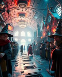 Explore a breathtaking, extreme macro close-up of a magical school teeming with young wizards. This futuristic sci-fi renditi