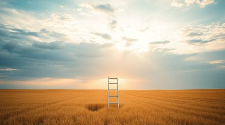 A minimalist scene depicting a silver ladder in a charming open field beneath a wide, cloudy sky, serves as an abstract metap