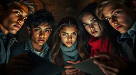 A captivating close-up photograph showcasing a diverse group of teenagers immersed in solving a mystery within a dimly lit, g