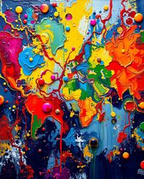 A classic oil painting style featuring a tight close-up shot of bright colorful splashes forming a world map, creating a crea