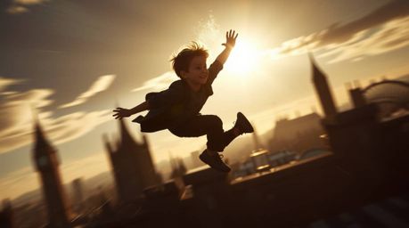 A captivating image depicts a young boy dynamically soaring above the London skyline, propelled by magical pixie dust.  Silho