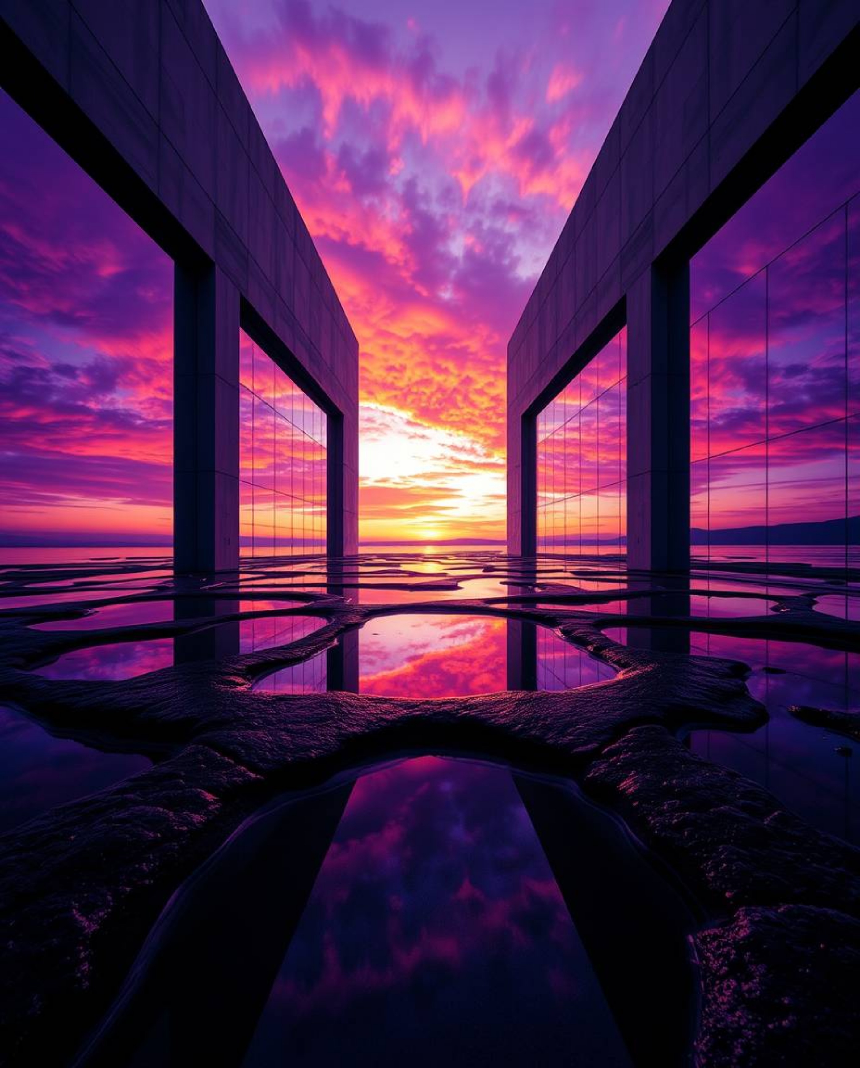 A precise architectural photograph captures a sunset sky mirrored in tidal pools on a beach, presented in striking deep ultra