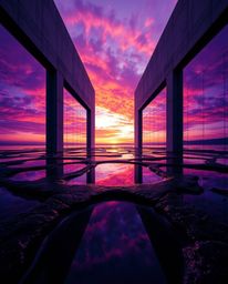 A precise architectural photograph captures a sunset sky mirrored in tidal pools on a beach, presented in striking deep ultra